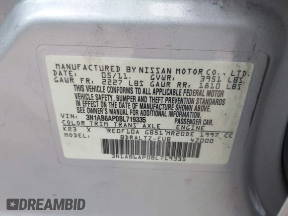 2011 Nissan Sentra 2.0 with VIN 3N1AB6AP0BL719335, listed as a IAAI auction lot 41358369 with 146,182 mi miles and . Bid and sale history available at DreamBid. Image 9.