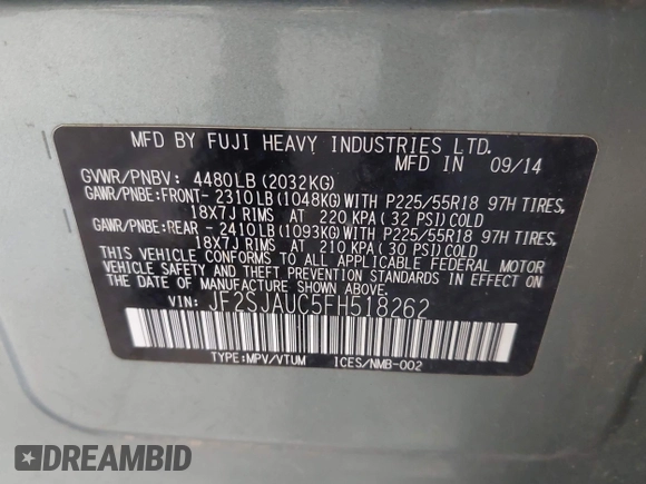 2015 Subaru Forester Touring with VIN JF2SJAUC5FH518262, listed as a IAAI auction lot 42789542 with 182,869 mi miles and . Bid and sale history available at DreamBid. Image 9.