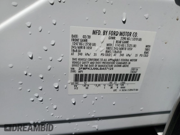 2020 Ford Edge SEL z VIN 2FMPK3J99LBA57125, wystawiony jako Copart lot #59915095 z przebiegiem 101 081 mil mil oraz Szkoda całkowita • Salvage title. Historia ofert i sprzedaży dostępna na DreamBid. Obrazek 14.
