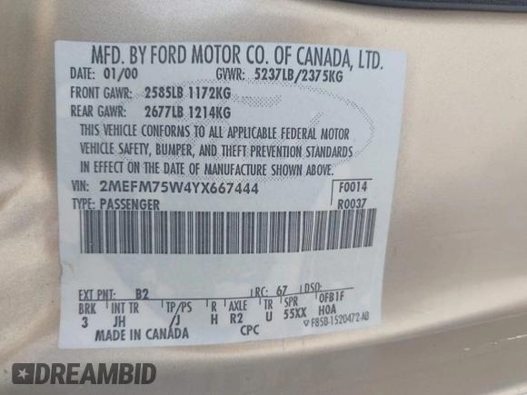 2000 Mercury Grand Marquis LS с VIN 2MEFM75W4YX667444, выставлен на аукционе IAAI как лот 42262846 с пробегом 163 108 миль миль и . История ставок и продаж доступна на DreamBid. Изображение 9.