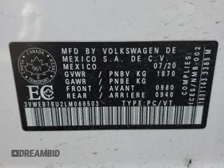 2020 Volkswagen Jetta SEL with VIN 3VWEB7BU2LM068503, listed as a Copart auction lot 52769105 with 118,016 mi miles and Salvage title. Bid and sale history available at DreamBid. Image 13.