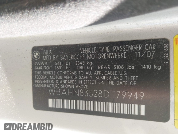 2008 BMW 7 Series 750Li with VIN WBAHN83528DT79949, listed as a IAAI auction lot 42016474 with 252,573 mi miles and . Bid and sale history available at carsss.com. Image 9.