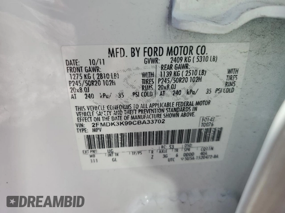 2012 Ford Edge Limited with VIN 2FMDK3K99CBA33702, listed as a Copart auction lot 46500505 with 181,050 mi miles and Salvage Title. Bid and sale history available at carsss.com. Image 13.