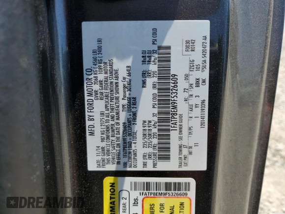 2015 Ford Mustang V6 with VIN 1FATP8EM9F5326609, listed as a Copart auction lot 59942165 with 42,958 mi miles and Salvage title. Bid and sale history available at DreamBid. Image 12.