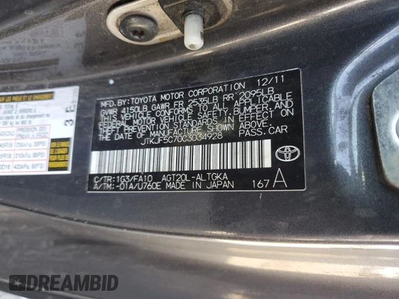 2012 Scion tC z VIN JTKJF5C70C3034928, wystawiony jako Copart lot #61272465 z przebiegiem 183 054 mil mil oraz Szkoda całkowita • Salvage title. Historia ofert i sprzedaży dostępna na DreamBid. Obrazek 13.