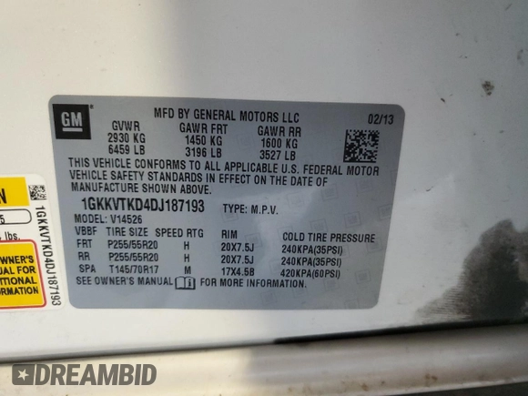 2013 GMC Acadia Denali with VIN 1GKKVTKD4DJ187193, listed as a Copart auction lot 50243675 with 188,214 mi miles and Salvage Title. Bid and sale history available at carsss.com. Image 13.