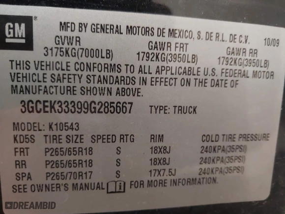 2009 Chevrolet Silverado 1500 LTZ with VIN 3GCEK33399G285667, listed as a IAAI auction lot 41253363 with 219,199 mi miles. Bid and sale history available at carsss.com. Image 9.