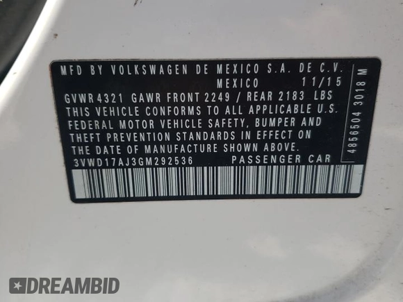 2016 Volkswagen Jetta Sport with VIN 3VWD17AJ3GM292536, listed as a Copart auction lot 60523275 with 150,800 mi miles and Salvage title. Bid and sale history available at DreamBid. Image 12.