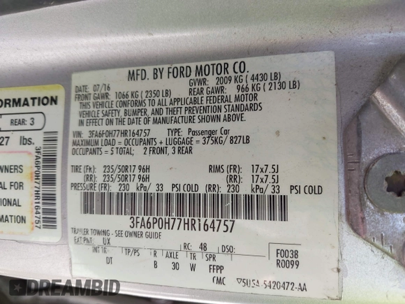 2017 Ford Fusion SE with VIN 3FA6P0H77HR164757, listed as a IAAI auction lot 42604366 with 182,532 mi miles and . Bid and sale history available at DreamBid. Image 9.