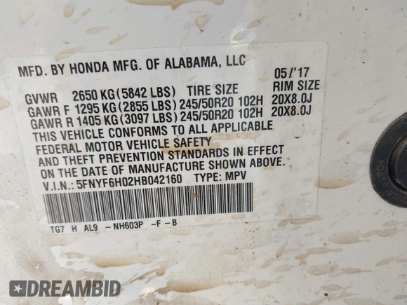 2017 Honda Pilot Elite with VIN 5FNYF6H02HB042160, listed as a IAAI auction lot 40893685 with Not Provided miles and . Bid and sale history available at DreamBid. Image 9.