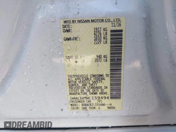 2017 Nissan Altima S with VIN 1N4AL3AP9HC159494, listed as a IAAI auction lot 41596180 with 59,332 mi miles and . Bid and sale history available at DreamBid. Image 9.