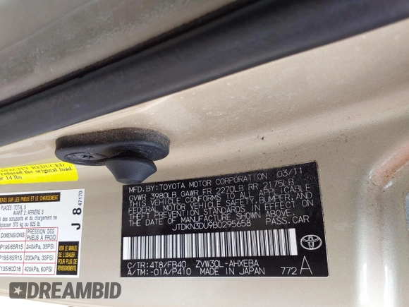 2011 Toyota Prius I with VIN JTDKN3DU9B0295658, listed as a IAAI auction lot 42235928 with 145,329 mi miles and . Bid and sale history available at DreamBid. Image 9.