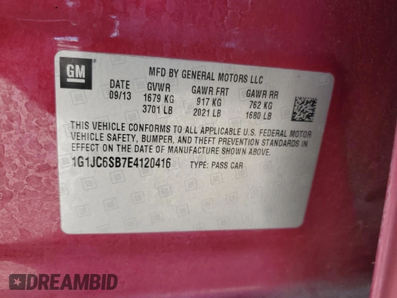 2014 Chevrolet Sonic LT with VIN 1G1JC6SB7E4120416, listed as a Copart auction lot 45308955 with 92,472 mi miles and Salvage Title. Bid and sale history available at carsss.com. Image 14.