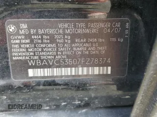 2007 BMW 3 Series 328i with VIN WBAVC53507FZ78374, listed as a Copart auction lot 49245645 with 89,084 mi miles and Salvage Title. Bid and sale history available at carsss.com. Image 12.