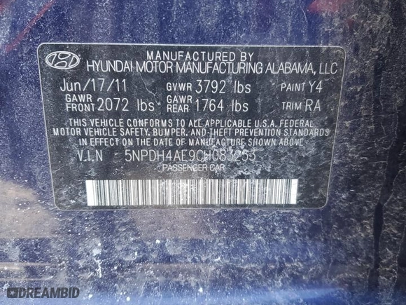 2012 Hyundai Elantra Limited with VIN 5NPDH4AE9CH083253, listed as a Copart auction lot 47805765 with 134,560 mi miles and Salvage Title. Bid and sale history available at carsss.com. Image 12.