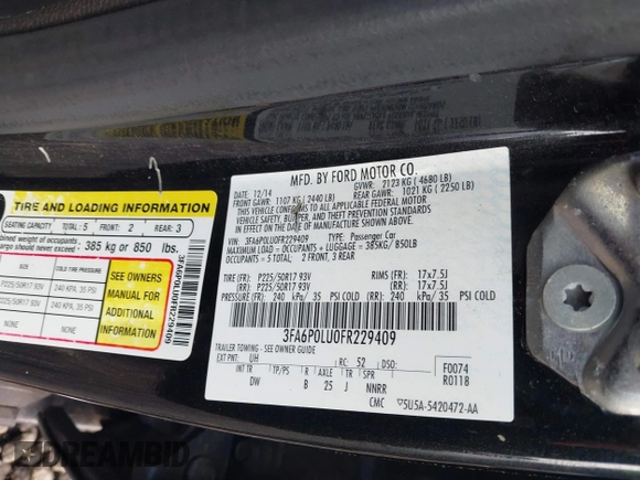 2015 Ford Fusion SE Hybrid with VIN 3FA6P0LU0FR229409, listed as a IAAI auction lot 42272404 with Not provided miles and . Bid and sale history available at DreamBid. Image 9.