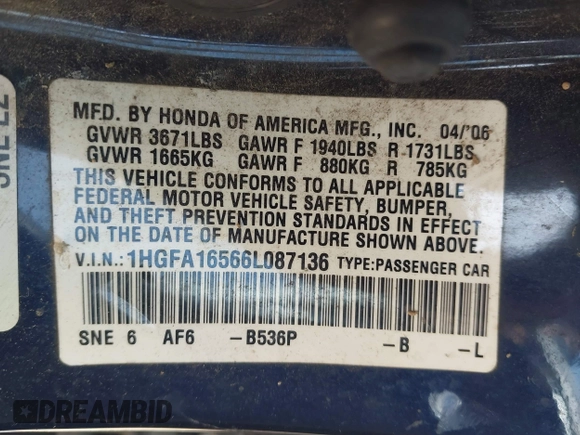 2006 Honda Civic LX with VIN 1HGFA16566L087136, listed as a IAAI auction lot 41849844 with 157,822 mi miles and . Bid and sale history available at DreamBid. Image 9.