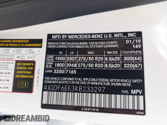 2019 Mercedes-Benz GLS 450 with VIN 4JGDF6EE3KB233297, listed as a IAAI auction lot 41882975 with 130,354 mi miles and . Bid and sale history available at DreamBid. Image 9.