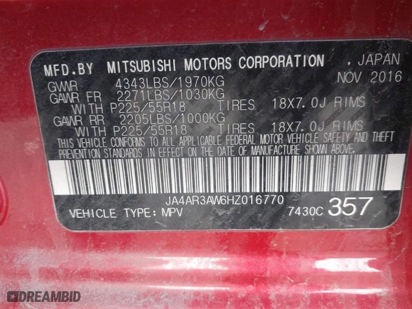 2017 Mitsubishi Outlander Sport SE 2.4 with VIN JA4AR3AW6HZ016770, listed as a IAAI auction lot 41875359 with 104,637 mi miles. Bid and sale history available at carsss.com. Image 9.