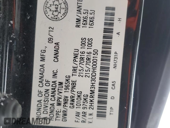 2013 Honda CR-V LX with VIN 2HKRM3H30DH000150, listed as a Copart auction lot 46115035 with 269,820 mi miles and Salvage Title. Bid and sale history available at carsss.com. Image 12.