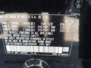 2016 Honda HR-V EX-L w/Navi with VIN 3CZRU6H71GM760696, listed as a IAAI auction lot 41830868 with 129,243 mi miles. Bid and sale history available at carsss.com. Image 9.