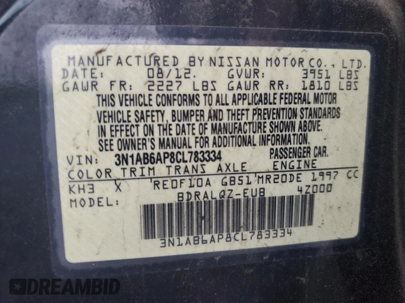 2012 Nissan Sentra S with VIN 3N1AB6AP8CL783334, listed as a Copart auction lot 51744145 with 226,812 mi miles and Salvage title. Bid and sale history available at DreamBid. Image 14.