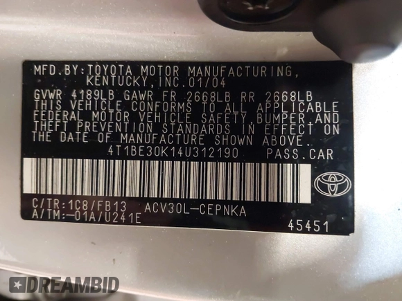 2004 Toyota Camry LE with VIN 4T1BE30K14U312190, listed as a IAAI auction lot 41952035 with 224,361 mi miles. Bid and sale history available at carsss.com. Image 9.