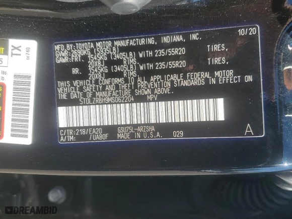 2021 Toyota Highlander XSE with VIN 5TDLZRBH9MS062204, listed as a Copart auction lot 48347715 with 81,299 mi miles and Salvage Title. Bid and sale history available at carsss.com. Image 13.