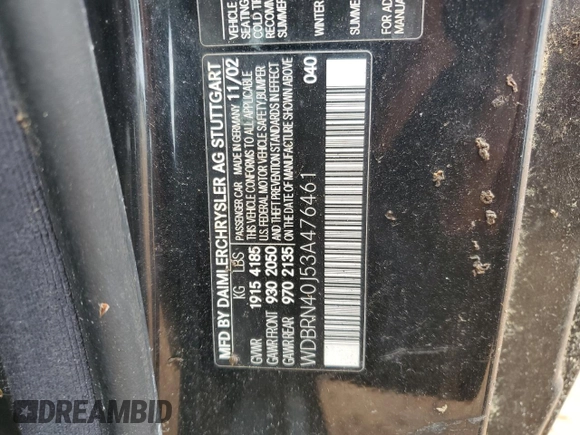 2003 Mercedes-Benz C 230 Kompressor with VIN WDBRN40J53A476461, listed as a Copart auction lot 61153574 with Not provided miles and Salvage title. Bid and sale history available at DreamBid. Image 12.