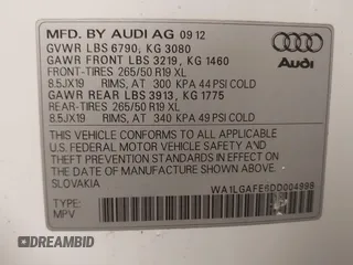 2013 Audi Q7 3.0T Premium Plus with VIN WA1LGAFE6DD004998, listed as a IAAI auction lot 41607118 with 1 mi miles. Bid and sale history available at carsss.com. Image 9.