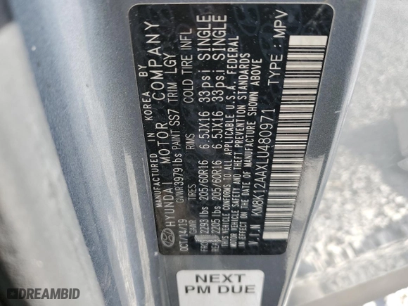2020 Hyundai Kona SE with VIN KM8K12AAXLU480971, listed as a Copart auction lot 49671085 with 83,510 mi miles and Salvage Title. Bid and sale history available at carsss.com. Image 13.
