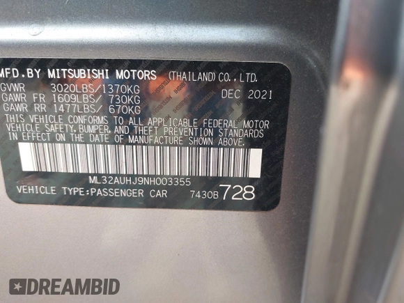 2022 Mitsubishi Mirage ES z VIN ML32AUHJ9NH003355, wystawiony jako IAAI lot #42085618 z przebiegiem 44 385 mil mil oraz . Historia ofert i sprzedaży dostępna na DreamBid. Obrazek 9.
