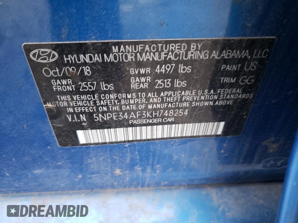 2019 Hyundai Sonata SEL with VIN 5NPE34AF3KH748254, listed as a Copart auction lot 85461844 with 68,930 mi miles and Salvage Title. Bid and sale history available at DreamBid. Image 13.