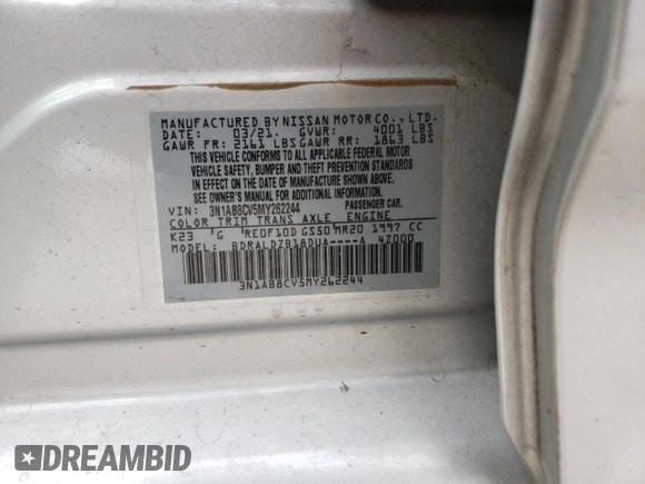2021 Nissan Sentra SV with VIN 3N1AB8CV5MY262244, listed as a Copart auction lot 51244245 with 46,974 mi miles and Salvage title. Bid and sale history available at DreamBid. Image 12.