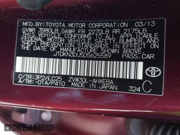 2013 Toyota Prius One with VIN JTDKN3DU5D5625589, listed as a IAAI auction lot 41527206 with 153,411 mi miles. Bid and sale history available at carsss.com. Image 9.