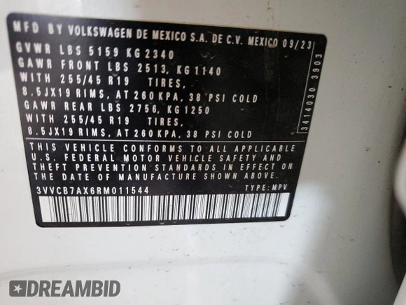 2024 Volkswagen Tiguan SE R-Line Black with VIN 3VVCB7AX6RM011544, listed as a Copart auction lot 66198745 with 23,609 mi miles and Salvage title. Bid and sale history available at DreamBid. Image 13.