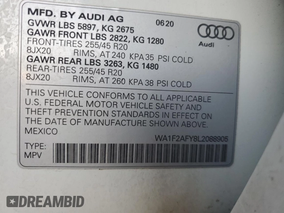 2020 Audi Q5 S line Prestige with VIN WA1F2AFY8L2088905, listed as a Copart auction lot 86756334 with 38,605 mi miles and Salvage Title. Bid and sale history available at carsss.com. Image 14.