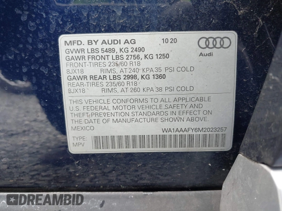 2021 Audi Q5 Premium z VIN WA1AAAFY6M2023257, wystawiony jako IAAI lot #42327039 z przebiegiem 21 736 mil mil oraz . Historia ofert i sprzedaży dostępna na DreamBid. Obrazek 9.