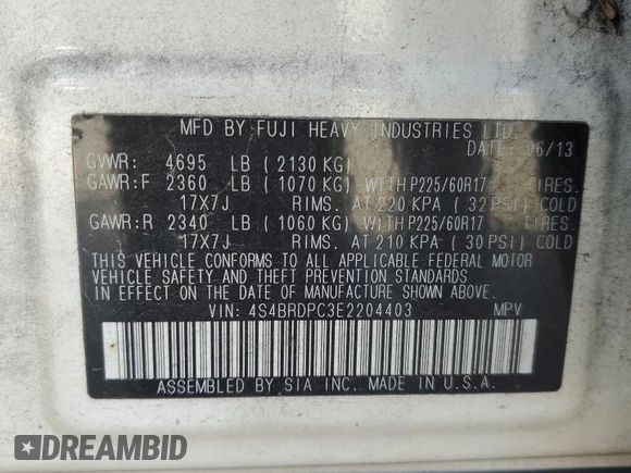 2014 Subaru Outback Limited with VIN 4S4BRDPC3E2204403, listed as a Copart auction lot 54660525 with 208,995 mi miles and Salvage title. Bid and sale history available at DreamBid. Image 14.