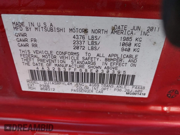 2011 Mitsubishi Galant ES with VIN 4A32B3FF6BE030395, listed as a IAAI auction lot 41362734 with 181,802 mi miles. Bid and sale history available at carsss.com. Image 9.