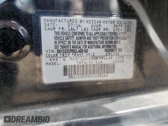 2016 Nissan Note S с VIN 3N1CE2CP0GL408162, выставлен на аукционе Copart как лот 57777275 с пробегом 133 153 миль миль и Чистый • Clean title. История ставок и продаж доступна на DreamBid. Изображение 12.