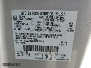 2003 Ford F-150 XL with VIN 1FTRX07293KD87683, listed as a Copart auction lot 45412605 with 0 mi miles and Salvage Title. Bid and sale history available at carsss.com. Image 12.