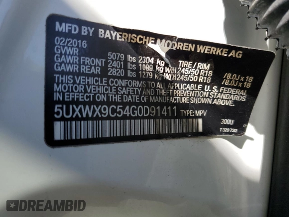 2016 BMW X3 xDrive28i with VIN 5UXWX9C54G0D91411, listed as a Copart auction lot 53906295 with 103,042 mi miles and Salvage Title. Bid and sale history available at DreamBid. Image 13.