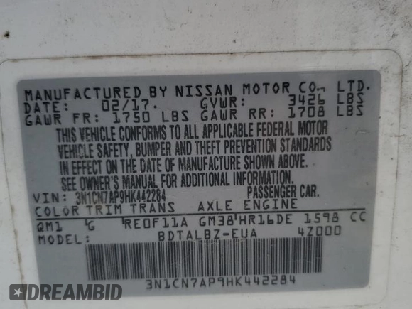 2017 Nissan Versa SV with VIN 3N1CN7AP9HK442284, listed as a Copart auction lot 58241265 with 110,065 mi miles and Salvage title. Bid and sale history available at DreamBid. Image 12.