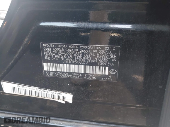 2010 Lexus ES 330 with VIN JTHBK1EG7A2377511, listed as a IAAI auction lot 42048586 with 157,714 mi miles and . Bid and sale history available at DreamBid. Image 9.