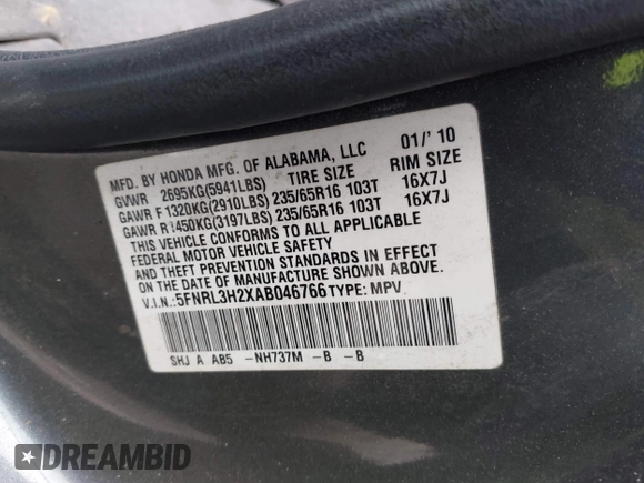 2010 Honda Odyssey LX with VIN 5FNRL3H2XAB046766, listed as a IAAI auction lot 41913825 with 191,643 mi miles and . Bid and sale history available at DreamBid. Image 9.