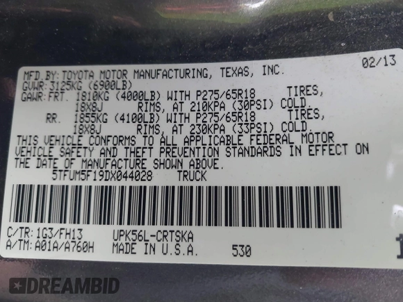2013 Toyota Tundra 4WD Truck with VIN 5TFUM5F19DX044028, listed as a IAAI auction lot 41699167 with 1 mi miles. Bid and sale history available at carsss.com. Image 9.