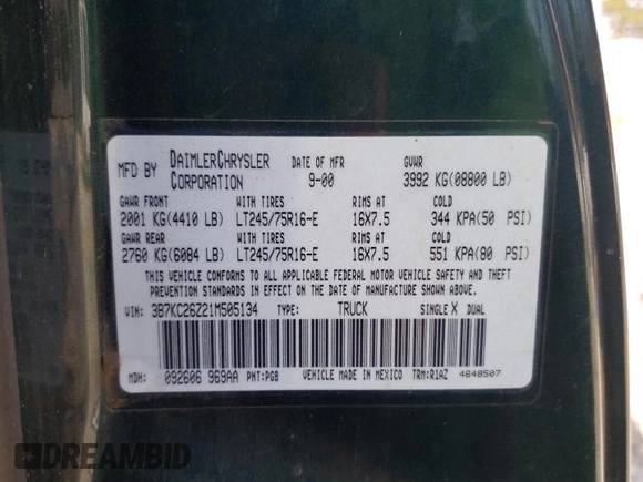 2001 Dodge Ram 2500 with VIN 3B7KC26Z21M505134, listed as a Copart auction lot 48791055 with 251,069 mi miles and Clean Title. Bid and sale history available at carsss.com. Image 12.