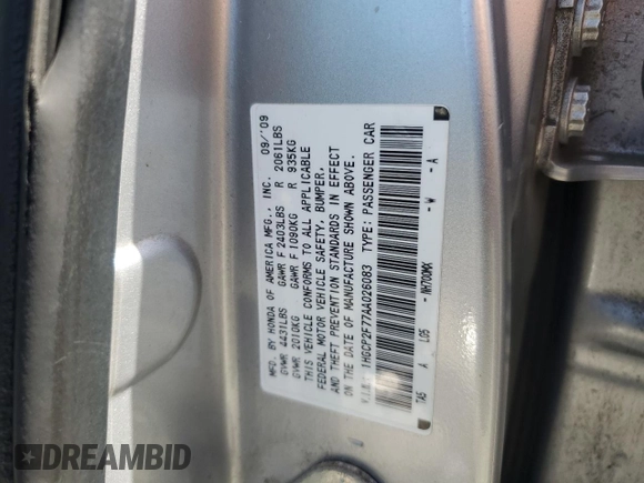 2010 Honda Accord EX with VIN 1HGCP2F77AA026083, listed as a Copart auction lot 60884105 with 147,946 mi miles and Salvage title. Bid and sale history available at DreamBid. Image 12.
