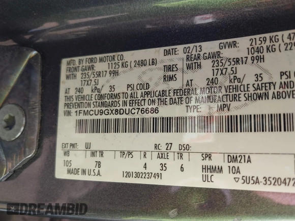 2013 Ford Escape SE with VIN 1FMCU9GX8DUC76686, listed as a IAAI auction lot 41809554 with 126,718 mi miles. Bid and sale history available at carsss.com. Image 9.